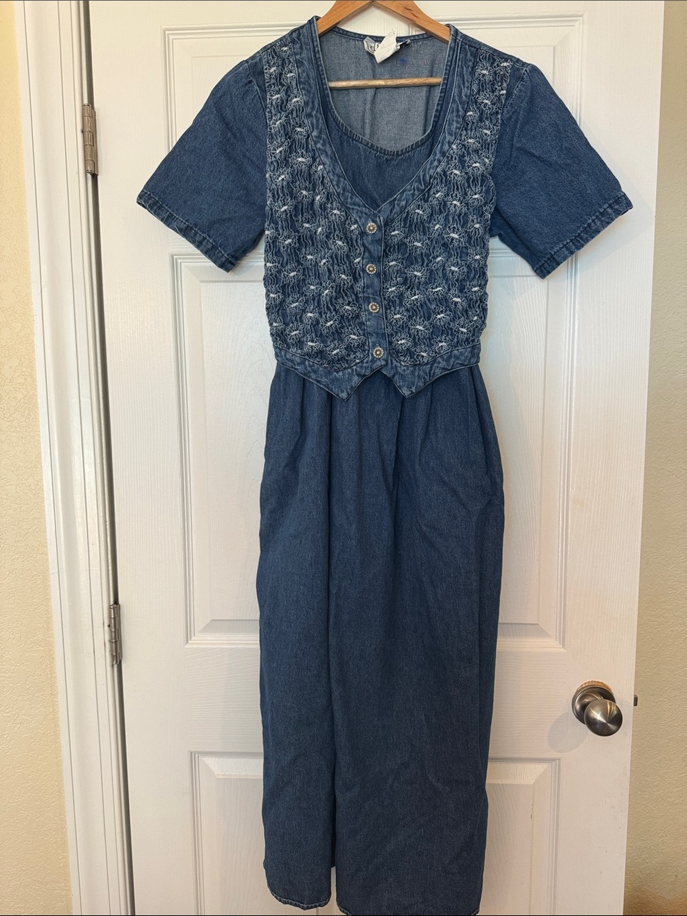Vintage Denim Button-Front Dress with Crochet-Style Vest Detail